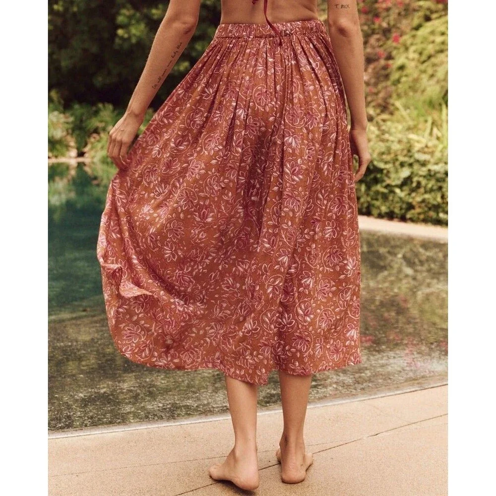 The Great. The Ripple Midi Skirt Floral Printed Beach Pull-On Cotton S-1 272242